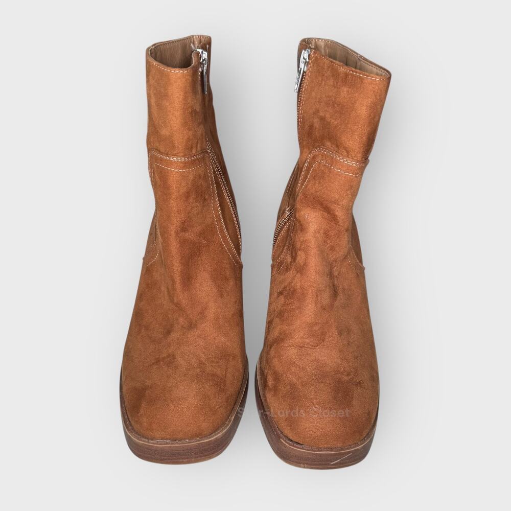 Brown Suede Ankle Boots Size 7.5 Block Heel Minimalist Western Chic